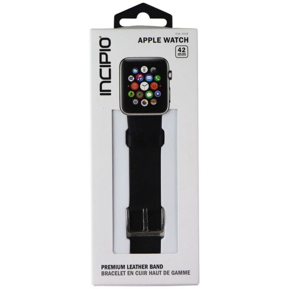 Incipio -  Premium Leather Watch Band (42mm) - Black  Black / Silver